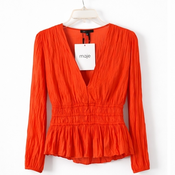 MAJE Peplum Blouse Smock Waist Tomato Red Long Sleeve 2 NWT - Picture 2 of 9